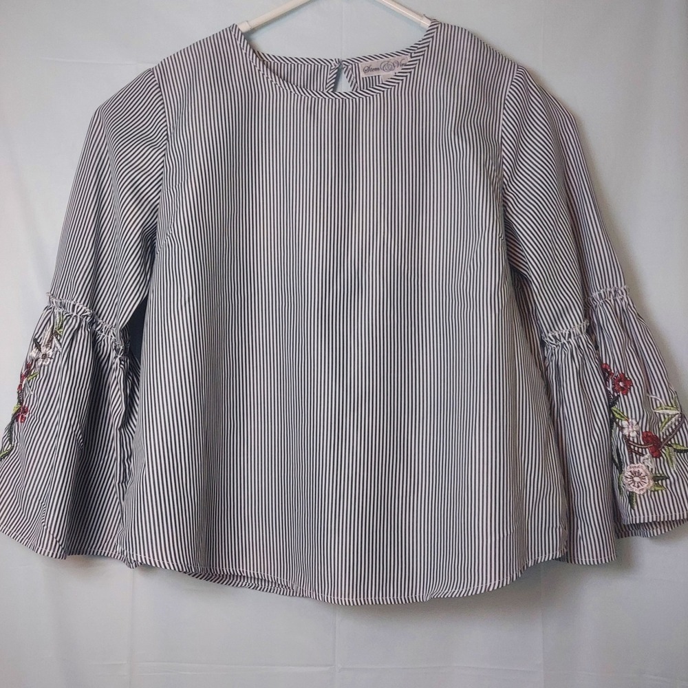 Stem & Vine Striped Floral Embroidered Bell Sleeve‎ Blouse Womens Size L - Picture 2 of 9